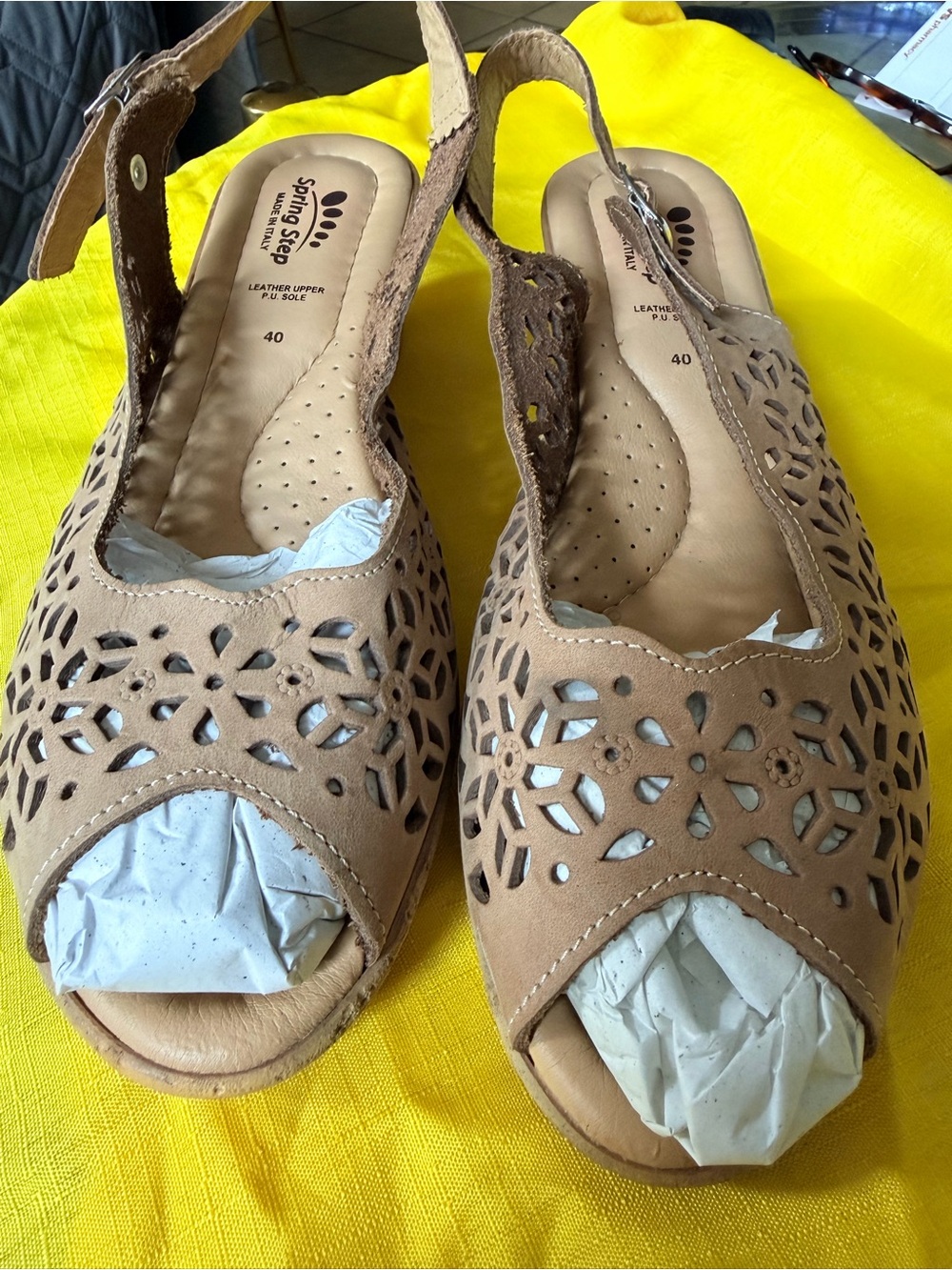 Spring Step Tan Laser-Cut Open-Toe Slingback Sandals